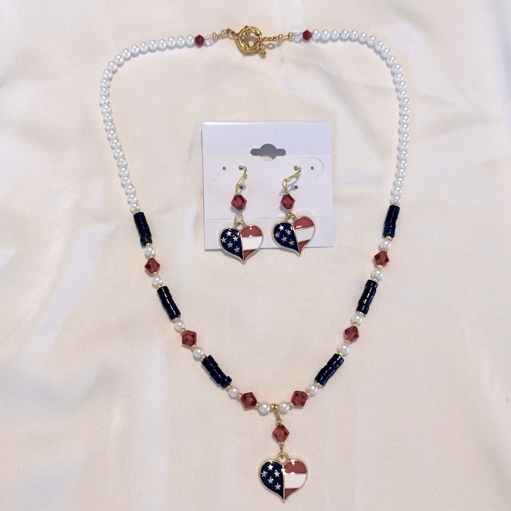 Patriotic Heart Necklace and Earring Set